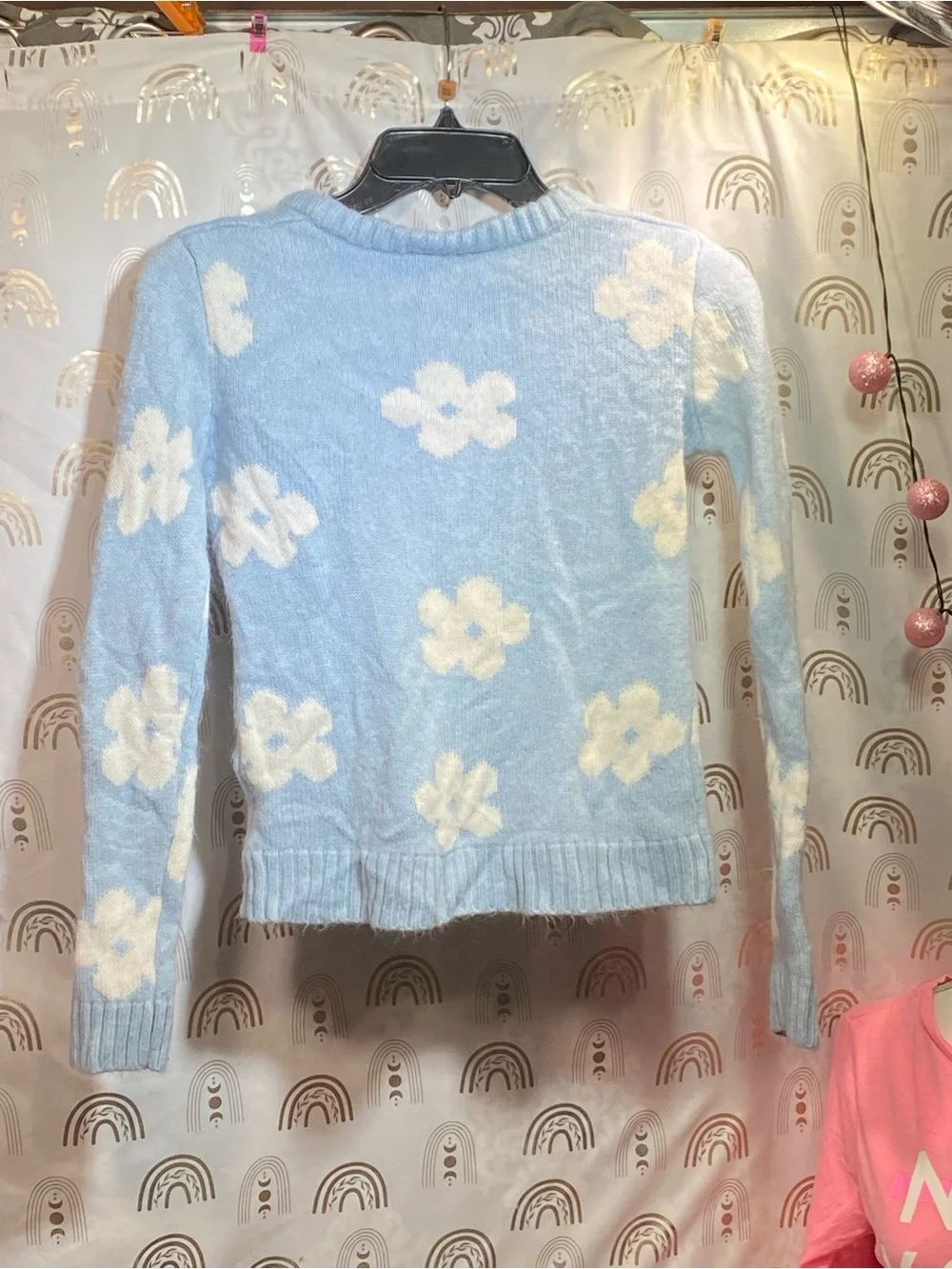 Girls Light Blue Floral Knit Crewneck Sweater
